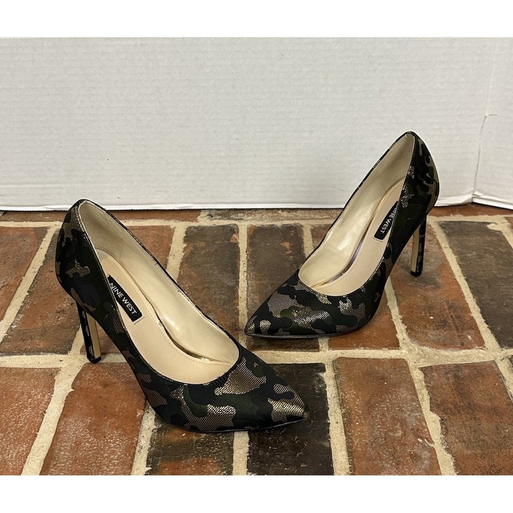 Nine West Green Gold Pumps Pointed-Toe Stilettos Metallic Camo Print Women's 6.5